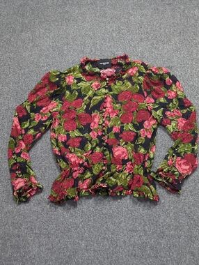 The Kooples Blouse Women's 1 Red Floral Rose & Green Leaf Print 100% Silk Fairy